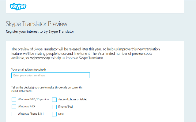 Skype Translator Preview Registration Page