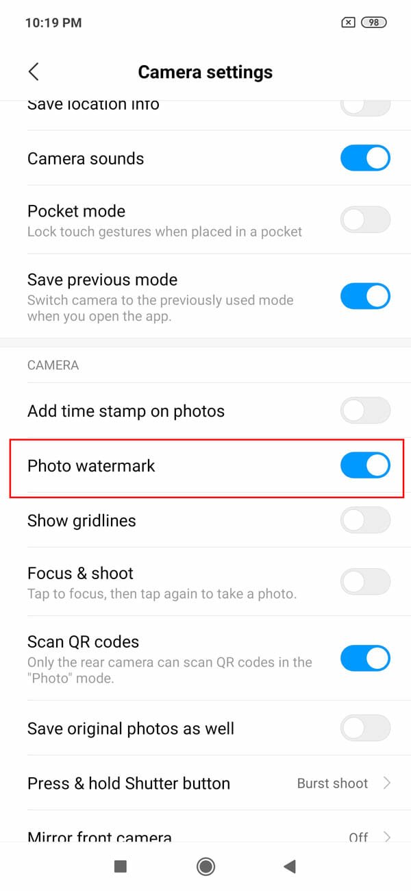 Disable photo watermark Redmi note 7 pro