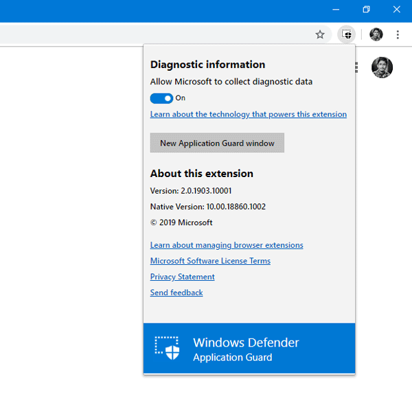 Windows Defender Application Guard browser extension