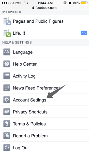 Account settings of Facebook