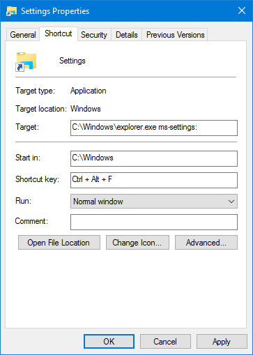 Add shortcut key in Windows 10