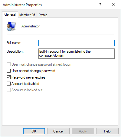 Admin account settings in local users and groups