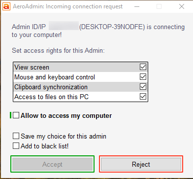 AeroAdmin imcoming connection request