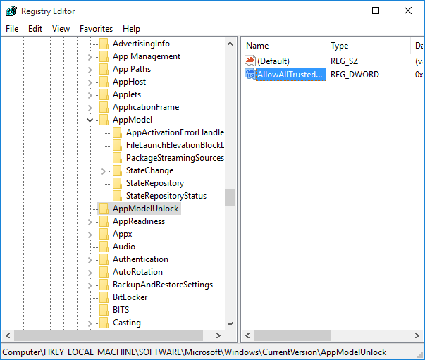 Allow Sideload apps using registry editor