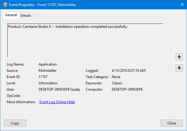 App installation or uninstallation status in Event Viewer