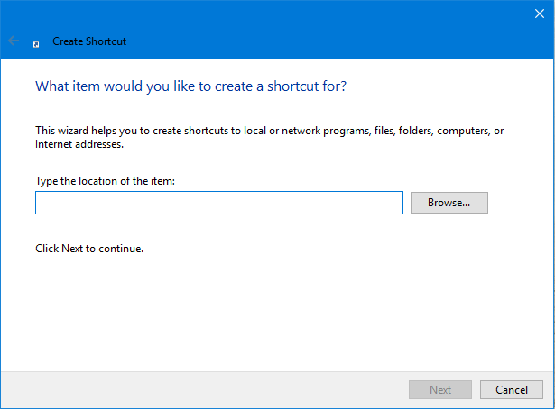 Create new shortcut in windows 10