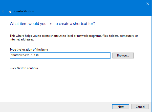 Create shutdown shortcut in windows 10