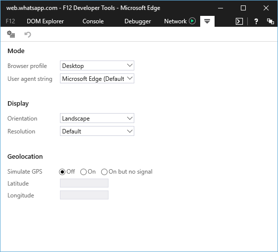 Emulation tab in Microsoft edge