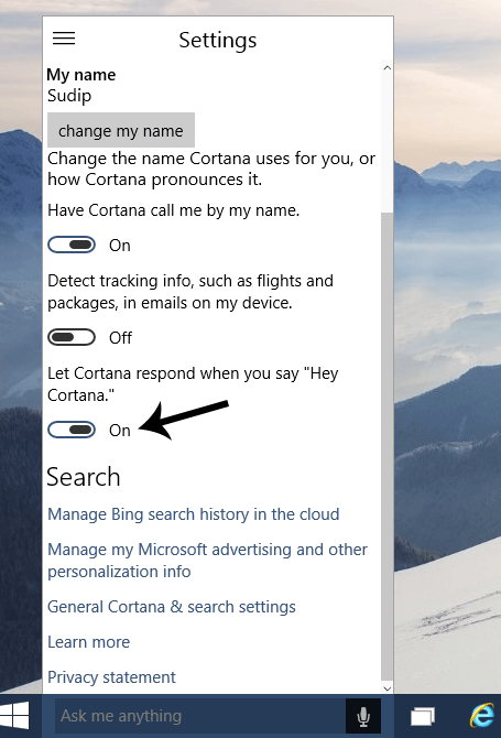 Enable Hey cortana