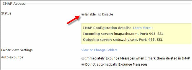 Enable IMAP in Zoho Mail