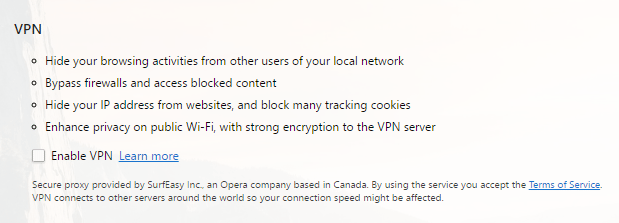 Enable VPN in Opera Developer