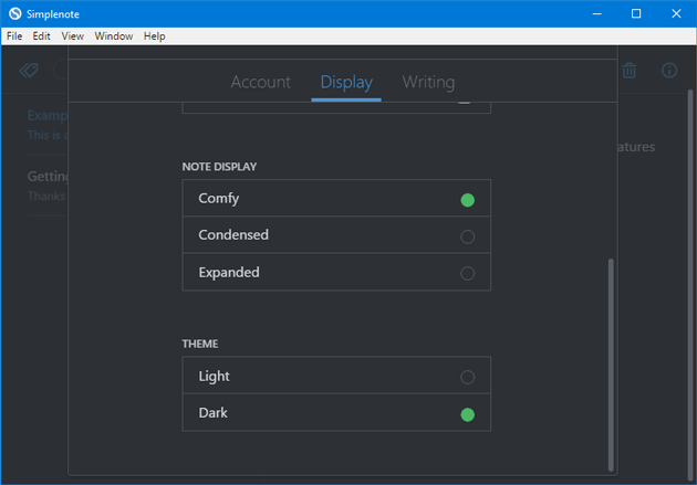 Enable dark mode in Simplenote for Windows