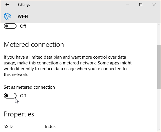 Enable metered connection in windows 10