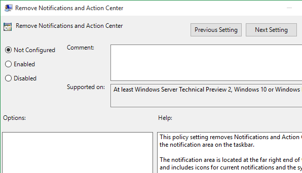 Enable option to remove action center