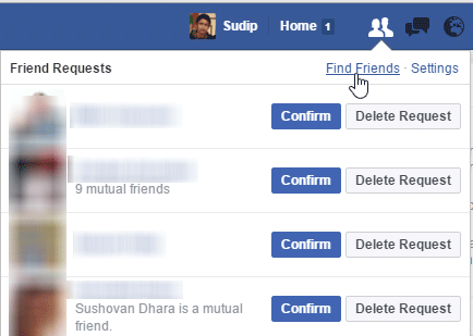 Find Friends settings of Facebook