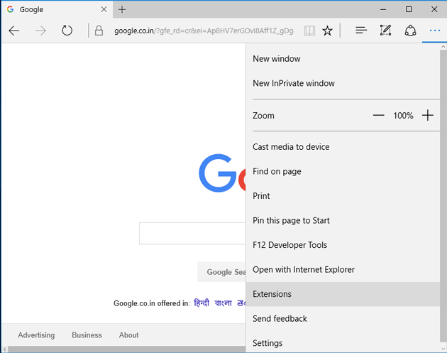 Go to Extensions settings in Microsoft Edge