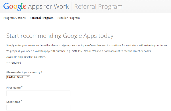 Google Apps Referral Program sign up process step 1
