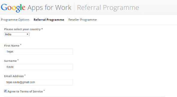 Google Apps referral program registration step 2