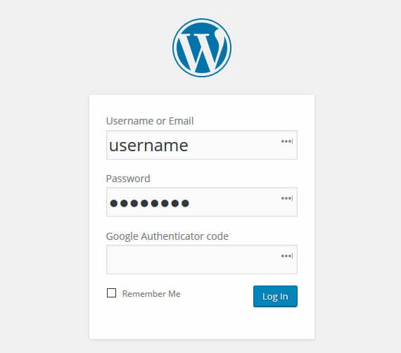 Google Authenticator Enabled WordPress Log in Screen