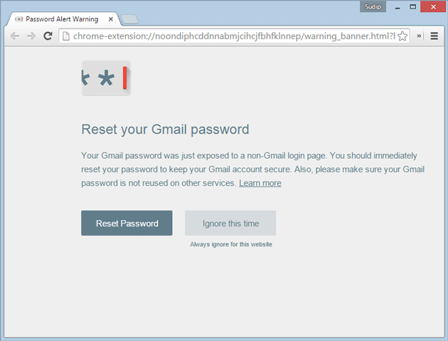 Google Password Alert extension warning