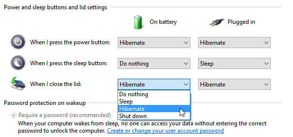 Hibernate computer when you close the lid of your laptop