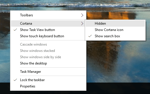 Hide Cortana Search Box in Windows 10