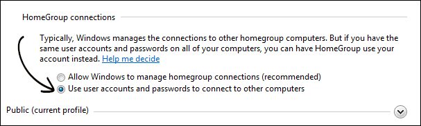 Homegroup Connection Settings