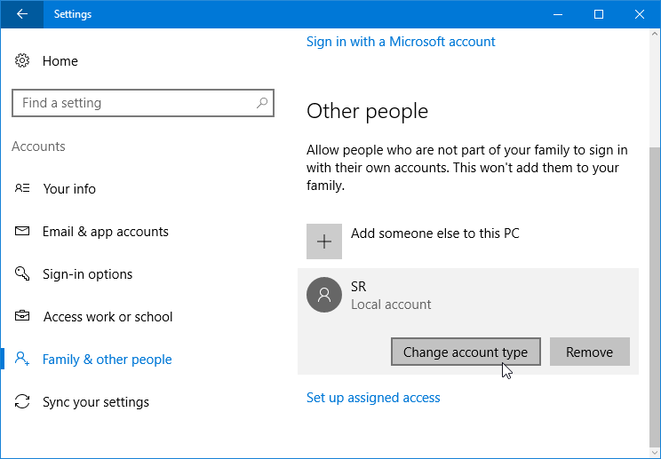 How to change account type in Windows 10