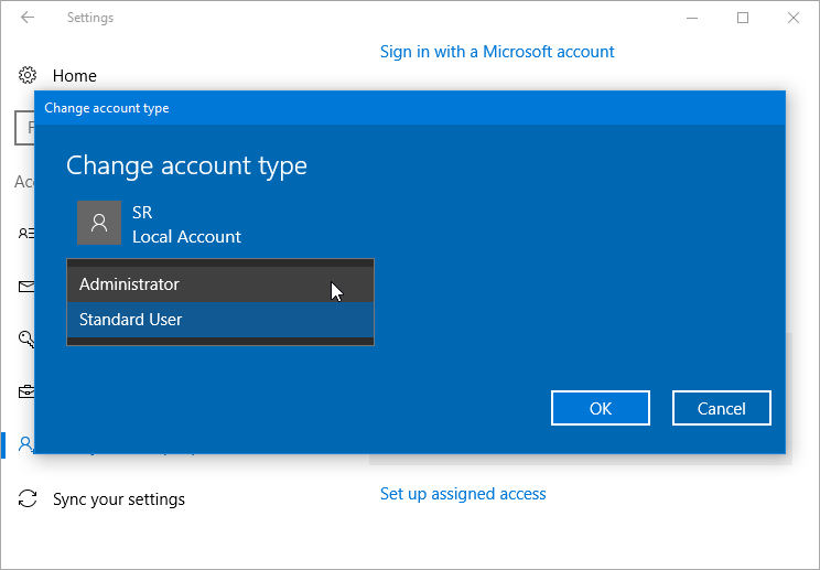 How to change account type in Windows 10