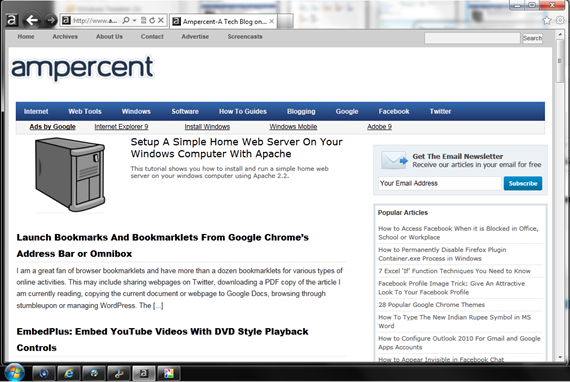 IE9 Taskbar Shortcut Example
