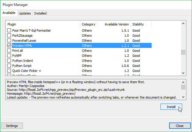 Install Preview HTML file using Plugin Manager