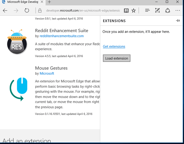 Load extensions in Microsoft Edge