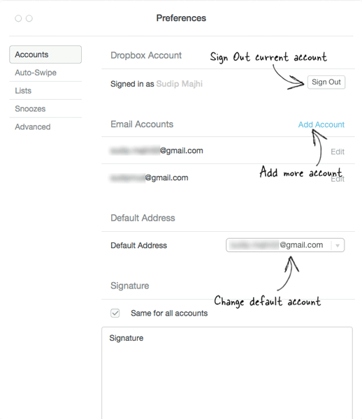 Mailbox for Mac account settings