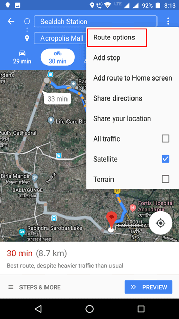 Manage Route Options in Google Maps