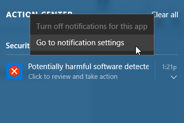 Open notification settings in Windows 10