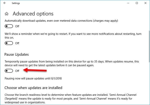 Pause Windows Update for up to 35 days