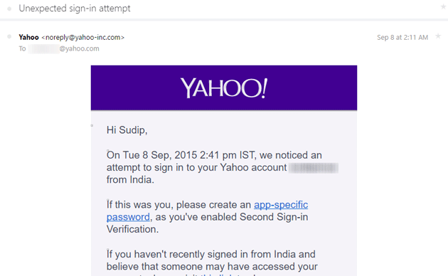 Security warning for Yahoo Mail