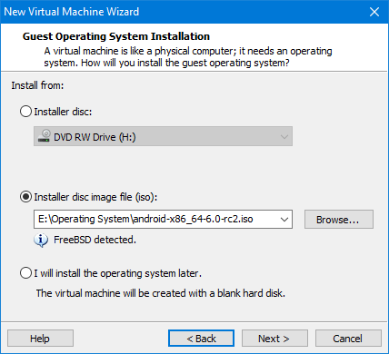 Select Android x86 ISO in vmware