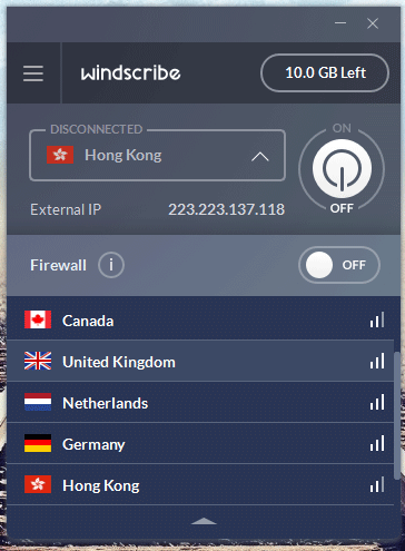 Select country in Windscribe