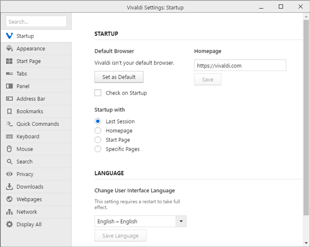 Select startup page in Vivaldi
