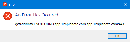 Simplenote error for Windows