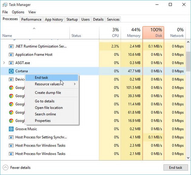 Stop Cortana using Task Manager
