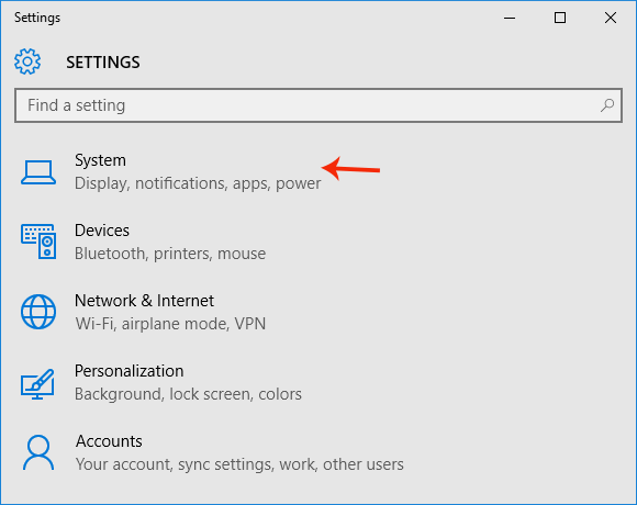 System settings on Windows 10 PC