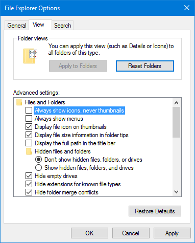 Thumbnail viewer settings on Windows 10