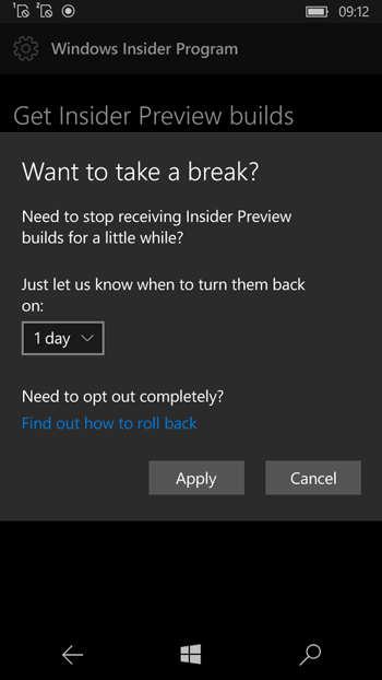 Time selection to stop Windows Phone 10 INsider Builds updates