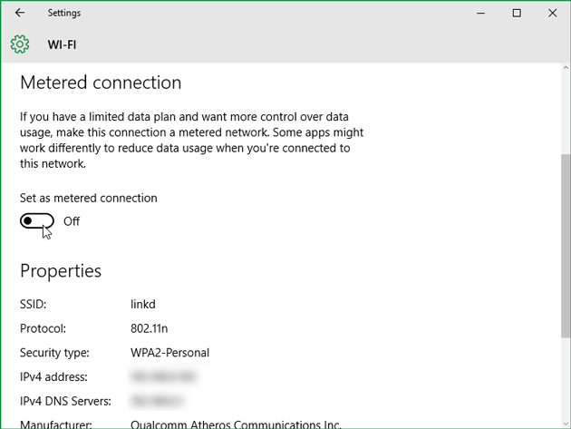 Turn on Metered Connections