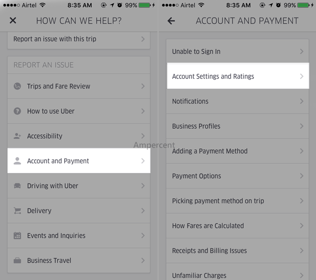 Uber Account settings and ratings