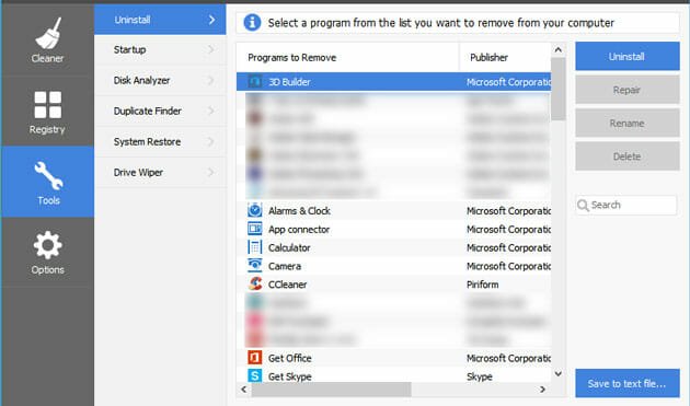 Uninstall Built-in Apps of Windows 10 using CCleaner