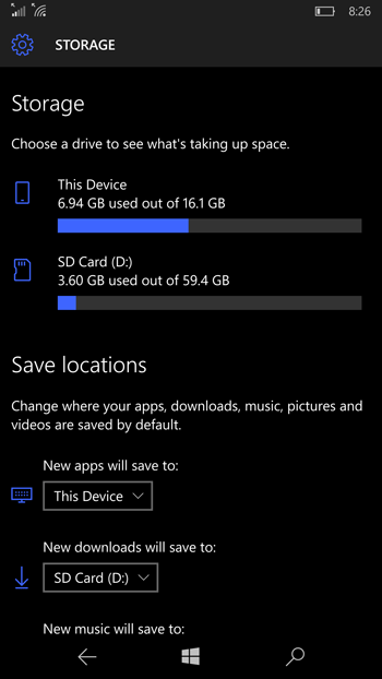 Windows 10 Mobile Insider Preview Build 10572 Storage Settings