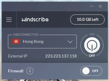 Windscribe start screen